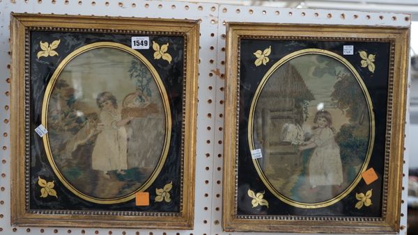 A pair of George III silkwork pictures, one depicting a girl with a rabbit against a landscape, framed and glazed, 38cm x 33cm and a further pair of s