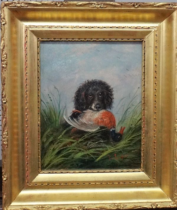 J. Langlois (1855-1904), Water spaniel with retrieved mallard, oil on board, signed, 18.5cm x 14cm.