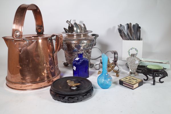 Metalware collectables mainly silver plated flatware, bottle pourers, copper kettle and sundry, (qty).