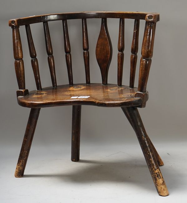 A 19th century primitive beech and ash child's tub back chair with turned decoration, 51cm wide x 48cm high.