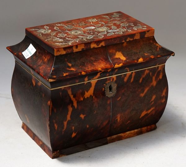 A Regency ivory strung mother-of-pearl inlaid tortoiseshell tea caddy, of bombe form with twin lidded interior, 18cm wide x 15cm high.