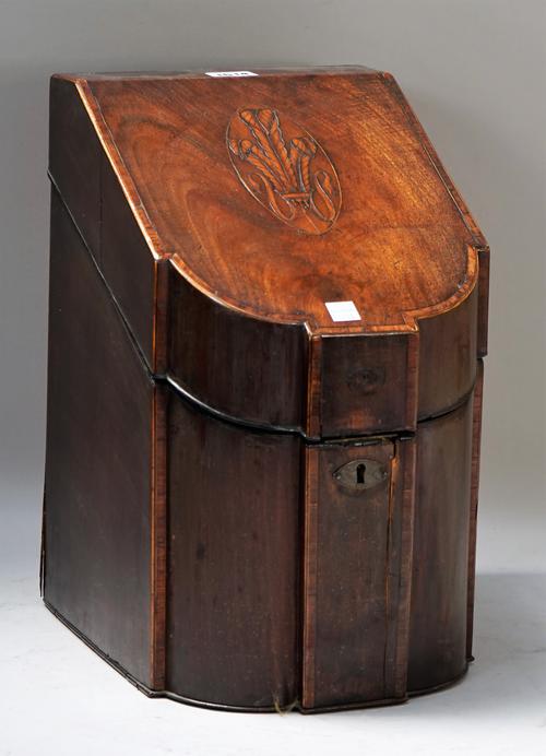 A George III inlaid mahogany slope front knife box with later interior, 23cm wide x 38cm high.