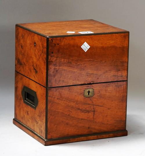 A Victorian oak square decanter box with four bottle interior, 22cm wide x 26cm high.