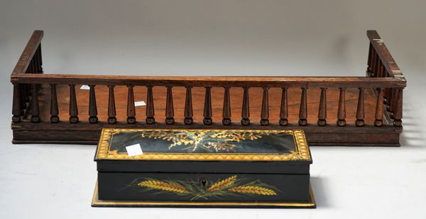 A Regency rosewood rectangular book stand with turned gallery, 53cm wide x 10cm high and a 19th century mother-of-pearl inlaid floral decorated papier