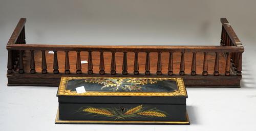 A Regency rosewood rectangular book stand with turned gallery, 53cm wide x 10cm high and a 19th century mother-of-pearl inlaid floral decorated papier