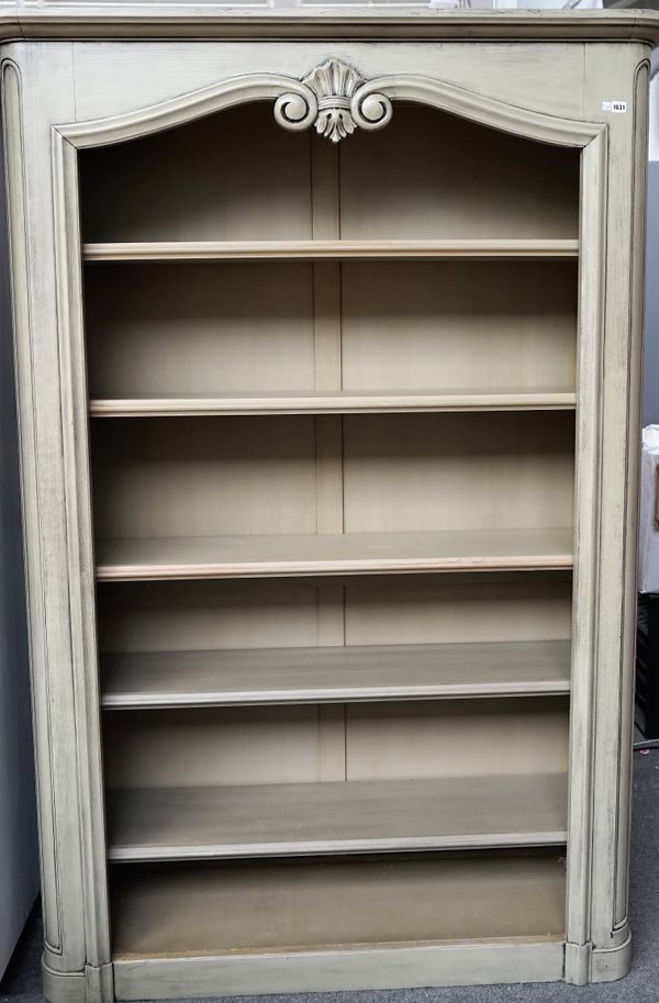 A large distressed painted floor standing open bookcase on plinth base, 150cm wide x 218cm high.