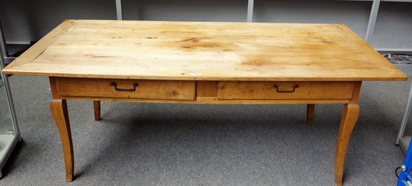 A 19th century French fruitwood rectangular centre table, with pair of frieze drawers on splayed supports, 90cm wide x 195cm long.