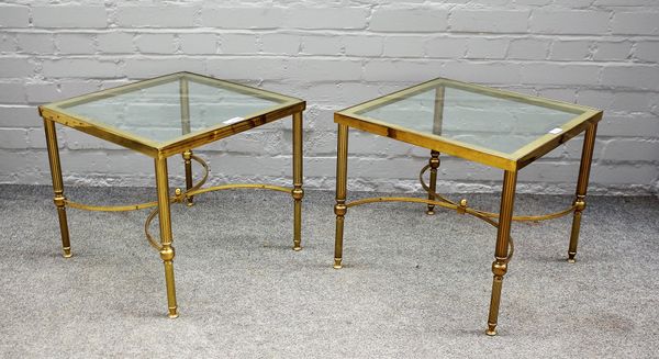 A pair of 20th century lacquered brass square occasional tables with inset glass tops on reeded supports, 46cm wide x 41cm high. (2)