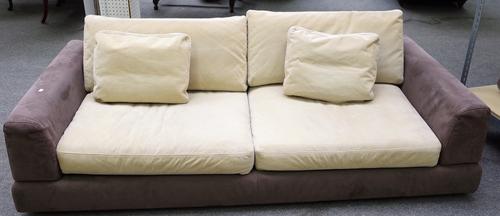 Natuzzi; a 20th century square back sofa in brown suede upholstery, 223cm wide x 65cm high.