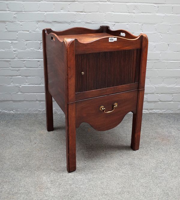 A mid-18th century mahogany tray top commode with tambour panel, 51cm wide x 80cm high.