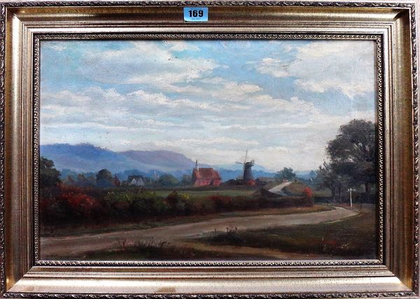 E. P. Corin (early 20th century), Landscape with church and windmill, oil on canvas, indistinctly signed, 29cm x 44cm.