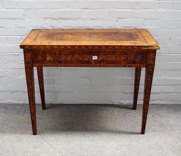 An 18th century century Italian burr elm and walnut marquetry rectangular side table, on square tapering legs 96.5cms wide, 75cms high.