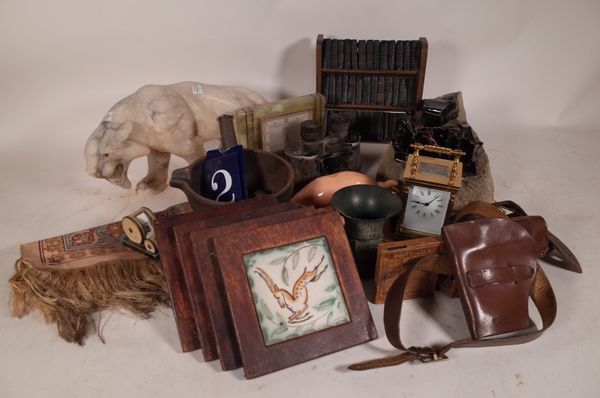 Collectables, including; miniature books, malachite dish, pestle and mortar, carriage clock and sundry, (qty).