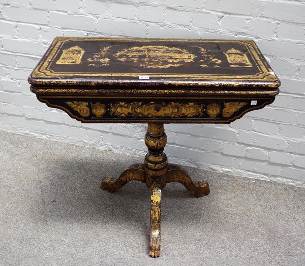 A 19th Century Chinese export black and gilt lacquered card table, all over gilt chinoiserie decoration on black ground, associated base, 81cms wide,