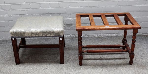 An 18th century mahogany rectangular foot stool on moulded square supports, 53cm wide x 42cm high, together with a Victorian slatted oak luggage stand