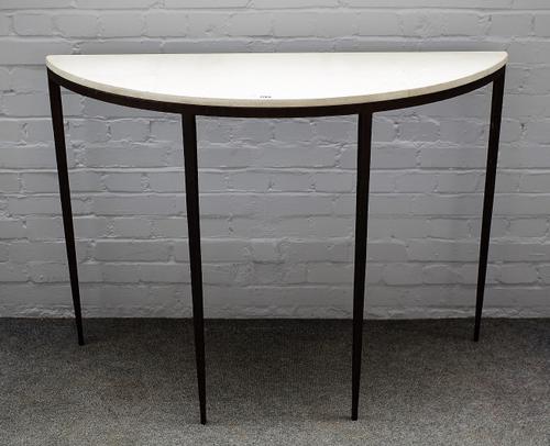 A 20th century console table, the elliptic marble top on a bronze base with four tapering square supports, 120cm wide x 89cm high.