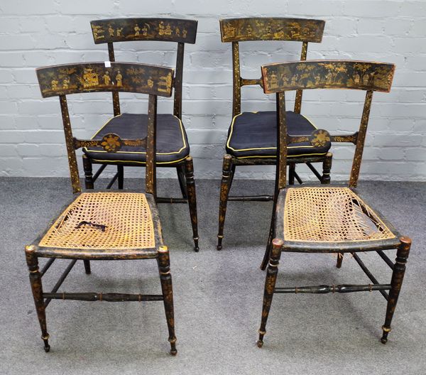 A set of four distressed Regency black and gilt japanned side chairs, with chinoiserie figures in landscapes and turned out-tapering legs, some with n