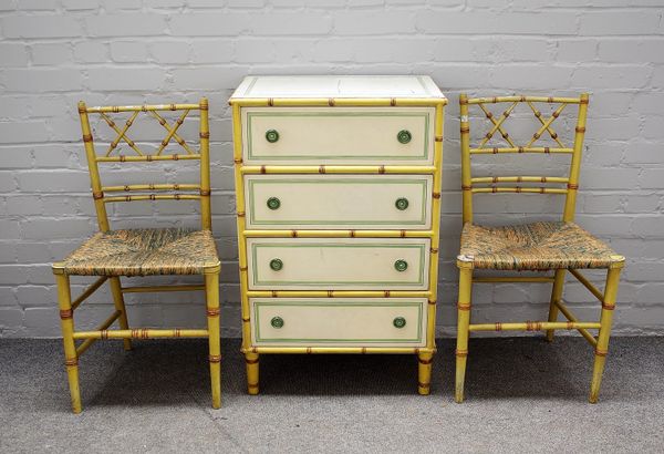 A 20th century child's five-piece bedroom suite in the manner of Colefax and Fowler comprising; white, pale-green and yellow-painted small chest of fo