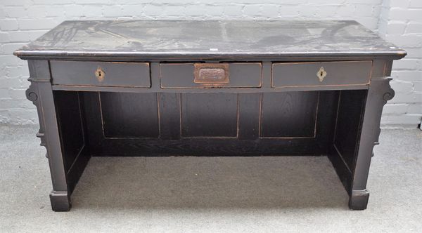 Gendarm; an ebonised French shop counter/till with three drawers, one fitted with a bell, 159cm wide x 80cm high.