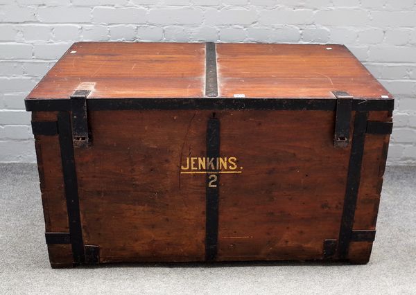 A 19th century zinc lined iron bound teak travelling trunk, 110cm wide x 61cm high.