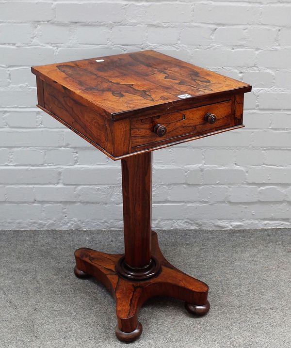 A William IV rosewood rectangular single drawer occasional table on tapering octagonal supports and quatrefoil platform, 50cm wide x 75cm high.