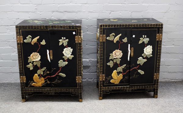 A pair of 20th century hardstone mounted ebonised two door side cabinets, on block feet, 59cm wide x 76cm high. (2)