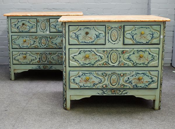 A pair of 20th Century French Provincial blue and grey-painted chests, each with simulated marble top, two short and two graduated panelled long drawe