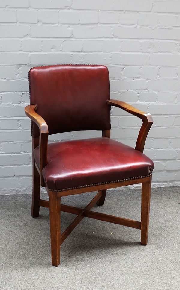 A pair of inlaid 20th century oak open armchairs on block supports, 57cm wide x 61cm high. (2)