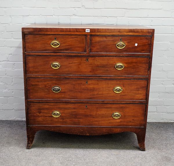 A Regency mahogany chest, two short and three long drawers on splayed legs, 106cms wide, 106cms high.