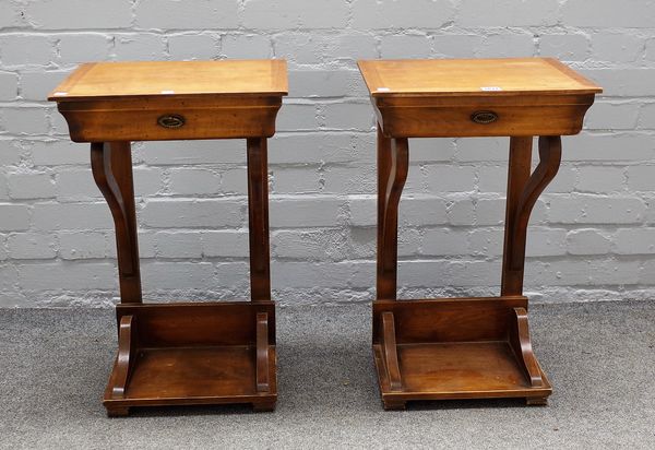 A pair of 19th century French fruitwood console bedside tables, each with single drawer over platform undertier, 39cm wide x 64cm high. (2)