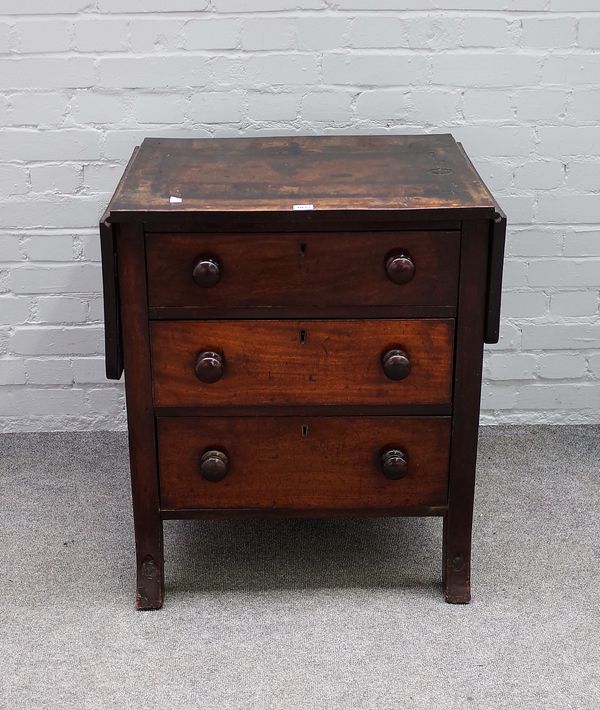 A 19th Century mahogany drop leaf chest, formerly with book press surmount, with rounded rectangular twin-flap top and three drawers on outsplayed sup