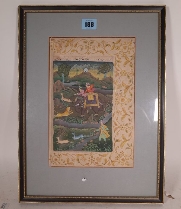 An Indian school page from a manuscript, depicting a tiger hunt, a modern painting in 18th century folio, overall size 26cm. by 17cm., mounted, framed