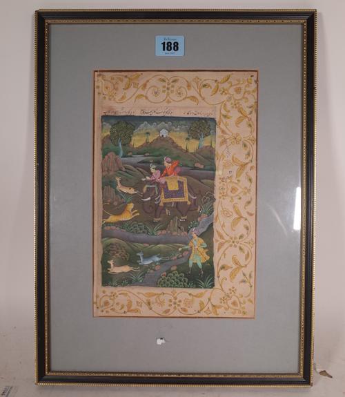 An Indian school page from a manuscript, depicting a tiger hunt, a modern painting in 18th century folio, overall size 26cm. by 17cm., mounted, framed