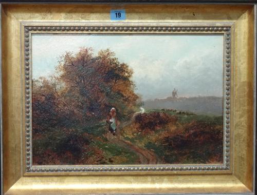 English School (late 19th century), A peasant woman on a country path, oil on board, 27cm x 39.5cm.