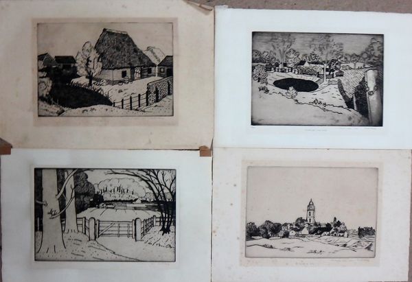 David Strang. (1887-1967), A folio of ten etchings, signed in pencil, all unframed, together with one further by Oliver Hall, (folio).