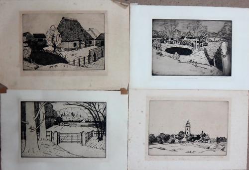 David Strang. (1887-1967), A folio of ten etchings, signed in pencil, all unframed, together with one further by Oliver Hall, (folio).