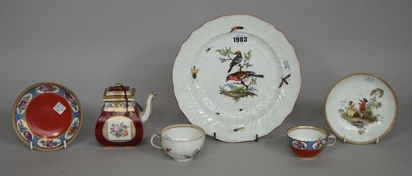 A group of Meissen porcelain, Marcolini period, late 18th/early 19th century, comprising; a plate painted with birds in branches and scattered insects