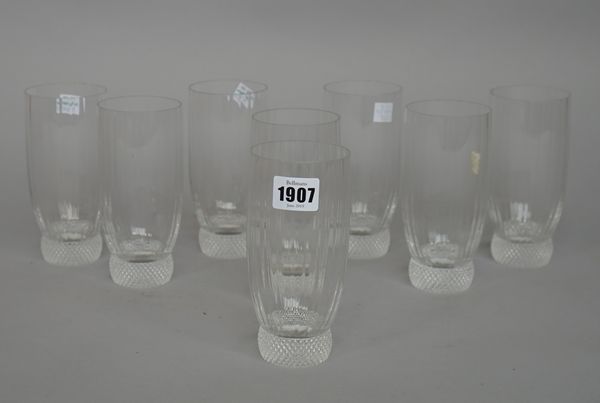 Eight Villeroy & Boch glass highball tumblers, ribbed bowls on cross-hatched bases, stencilled marks, 15cm. high, (8).