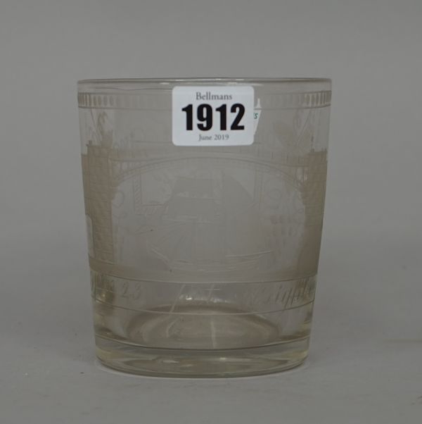 A engraved cylindrical glass tumbler, 19th century, engraved with a ship passing under Sunderland bridge above the inscription, Span 236 feet Height 1