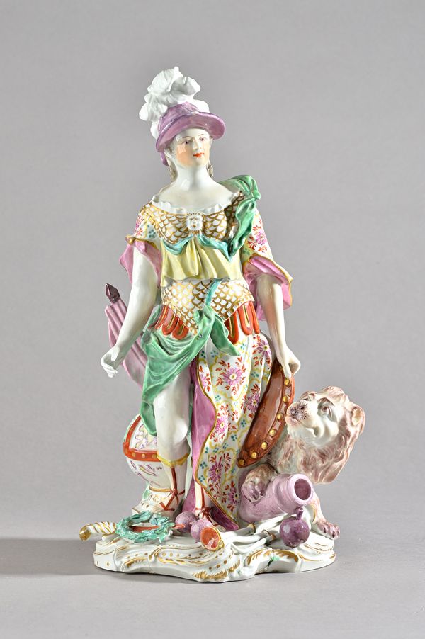 A large Derby porcelain figure of Britannia, circa 1765, modelled standing in a plumed helmet, a recumbent lion, a shield, a globe and other emblems a