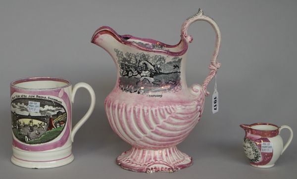 Three items of purple lustre pottery, 19th century, comprising; a shell moulded jug with titled black prints, `Coursing' and `Snipe Shooting', 25cm. h