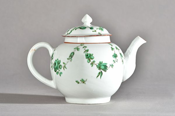 A Bristol porcelain bullet-shaped teapot and cover, circa 1775, painted in green and black with floral swags, brown line rims, unmarked, 13.5cm. high.