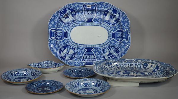 A group of English blue and white printed earthenwares, early 19th century, each piece printed with the `Greek' pattern, comprising; a large Spode can