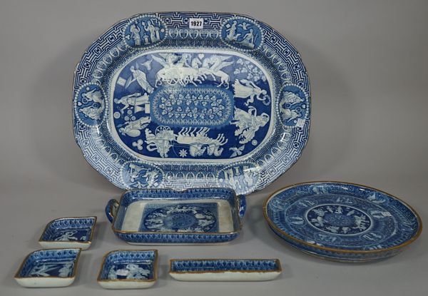 A blue and white printed meat dish, probably Herculaneum Pottery, early 19th century, printed with a `Greek' pattern, 54cm. wide; also a similar part