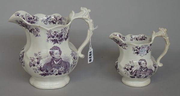 Two Goodwins, Bridgwood & Harris graduated commemorative jugs, circa 1830, each printed in purple with a quarter-length portrait of George IV, the rev