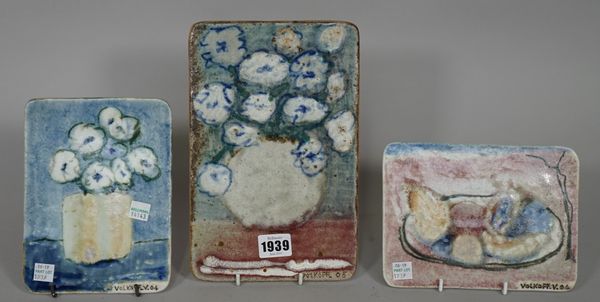 Voldemar Volkoff ( 1932-2007), nine rectangular porcelain plaques, painted with still lifes of vases of flowers or fruit, signed and dated, sizes 13cm