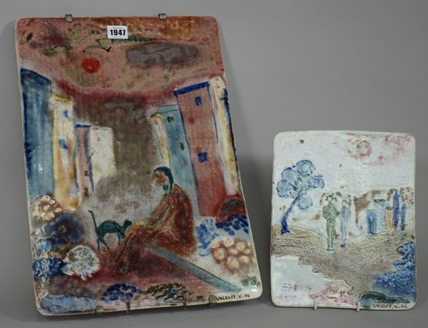 Voldemar Volkoff ( 1932-2007), eight square or rectangular porcelain plaques, each painted with figure subjects, signed and dated, 13cm. by 15cm. to 4