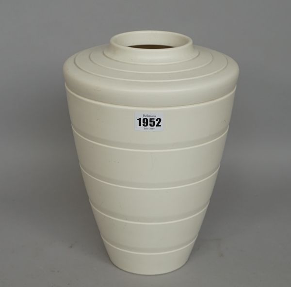 A Wedgwood vase by Keith Murray, Eturia & Barlaston, white glaze tapering circular body with banded decoration, 29cm high.