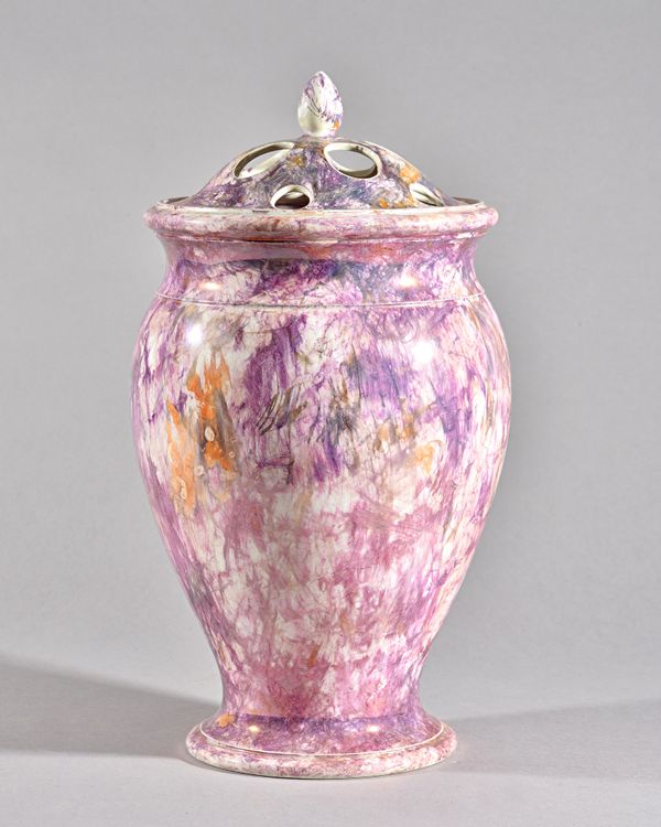 A rare Wedgwood Moonlight lustre pearlware potpourri vase, lid and pierced cover, circa 1810, of baluster form, covered in purple, grey and orange gla