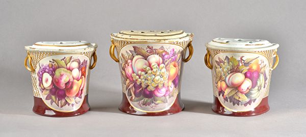 A set of three Davenport porcelain bough pots and two covers, circa 1810, each well painted in the manner of Thomas Steele, with panels of fruit, agai